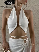 newasia elegant fastener crop top cut out sleeveless backless v neck low cut slim fit tank tops summer sexy chic white tops 2022