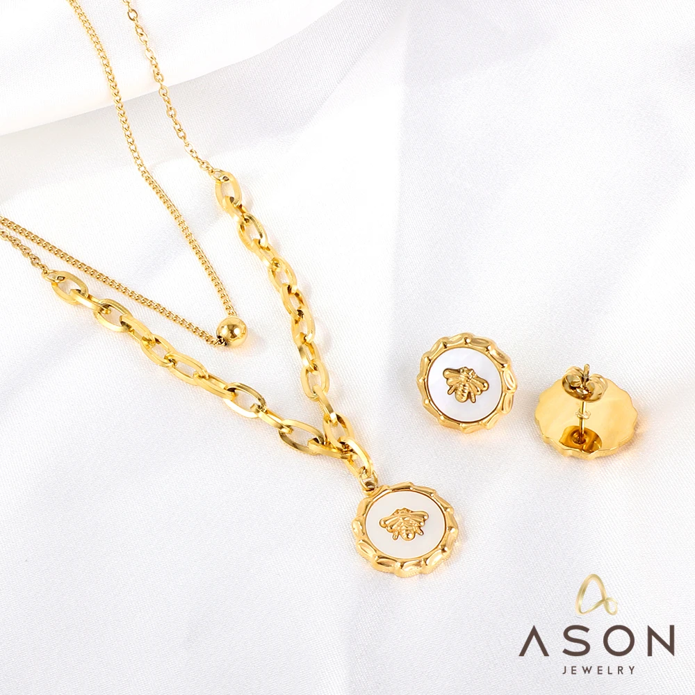

ASONSTEEL Stainless Steel Jewelry Set Gold Color White Shells with Insects Necklaces and Stud Earrings for Women Smile Face 2023