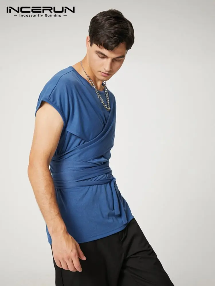 

INCERUN Casual Well Fitting New Men Tops Front Layered Design Camiseta Stylish All-match Tie Short-sleeved O-neck T-shirts S-5XL