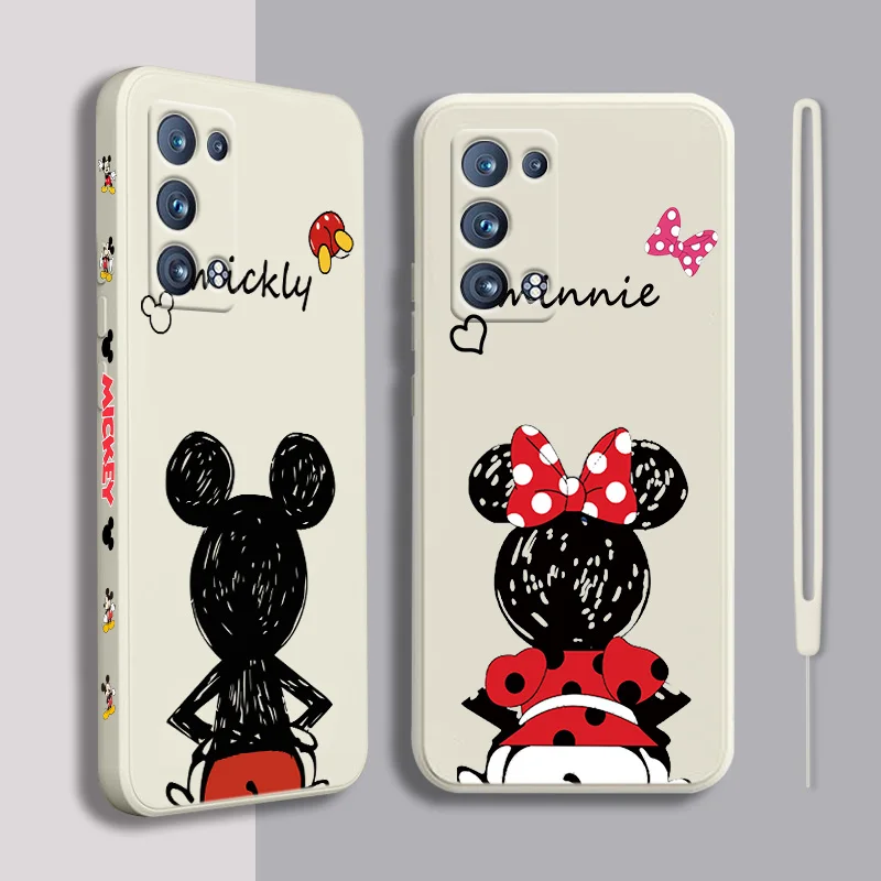 

Disney Mickey Mouse Fashion Phone Case For OPPO Reno 7 SE Z 6 5 4 Pro Plus ite 4G 5G Liquid Left Rope Funda Back Soft Cover