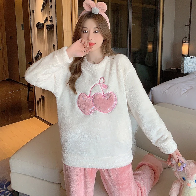

2022 Winter Long Sleeve Thick Warm Flannel Pajama Sets For Women Korean Cute Coral Velvet Sleepwear Pyjama Homewear Home Clothes