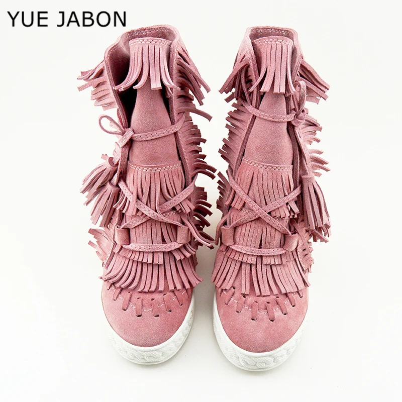 Nude Woman Cow Suede Leather Tassel Ankle Boots Womens Height Increasing High Heels Shoes Female Plus Size Lace up