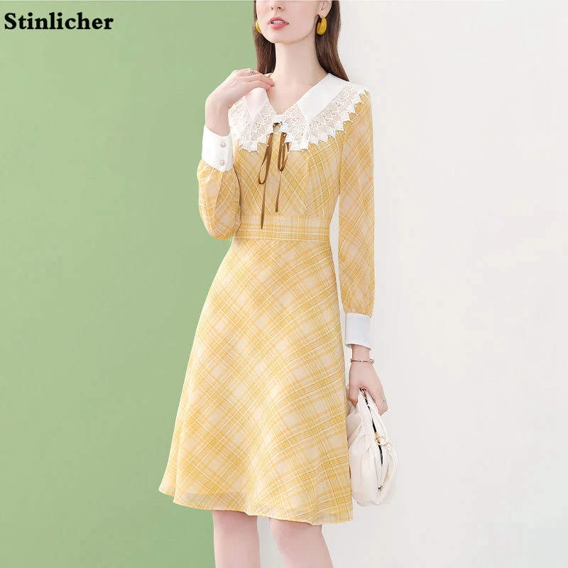 

Женское винтажное платье в клетку, элегантное шифоновое платье миди до колен с длинным рукавом и бантом, платье для работы, весна-лето