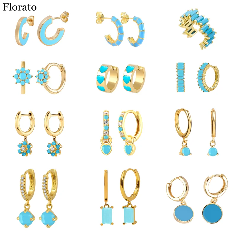 925 Sterling Silver Ear Needle blue turquoise Fashion Hoop Earrings Geometric drop Enamel Earrings for women Premium Jewelry