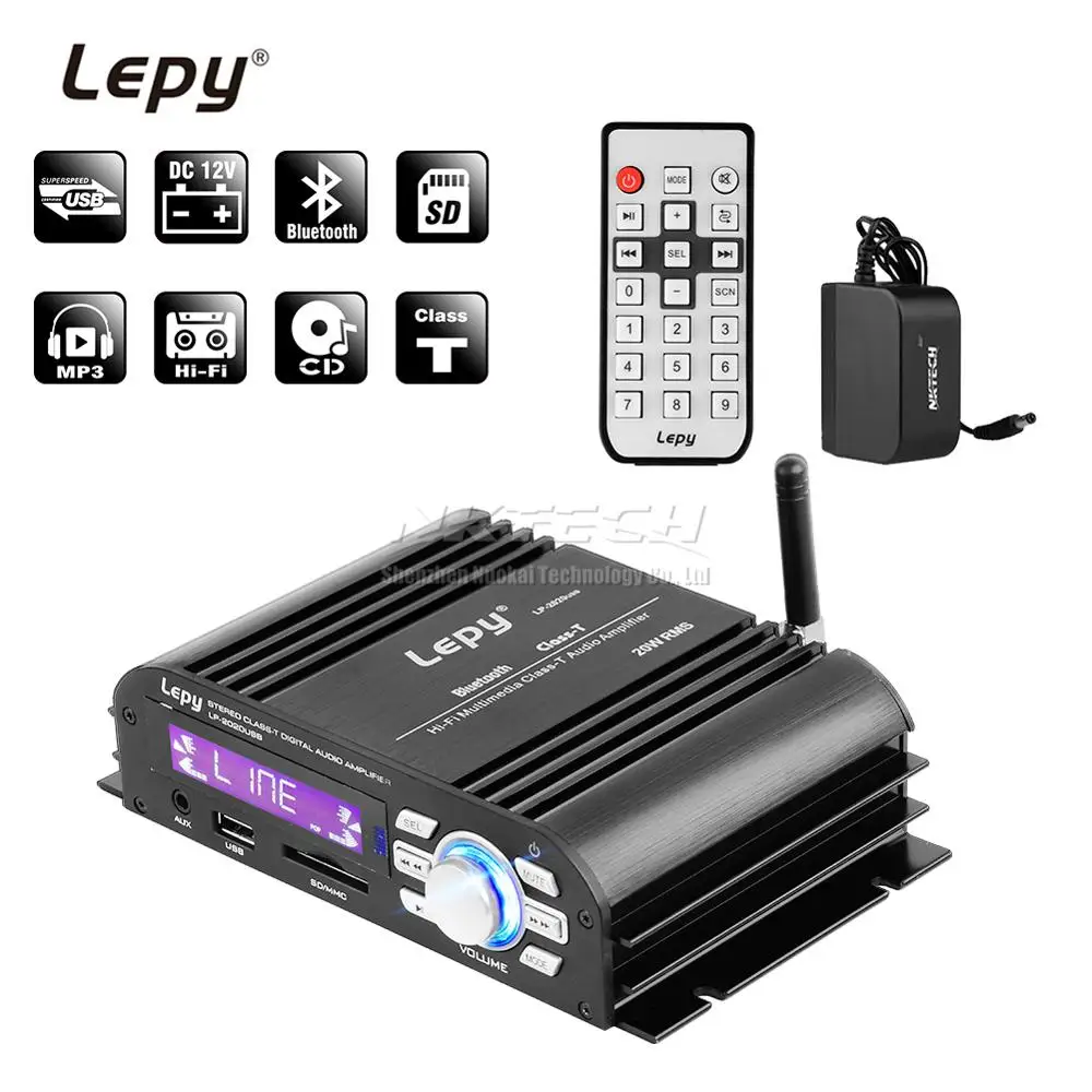 Усилитель Lepy LP-2020 USB для автомобиля с Bluetooth 4.0, цифровым проигрывателем Class-T, 2x 20W RMS HIFI стерео звуком, мультимедийной поддержкой SD AUX EQ on для дома.