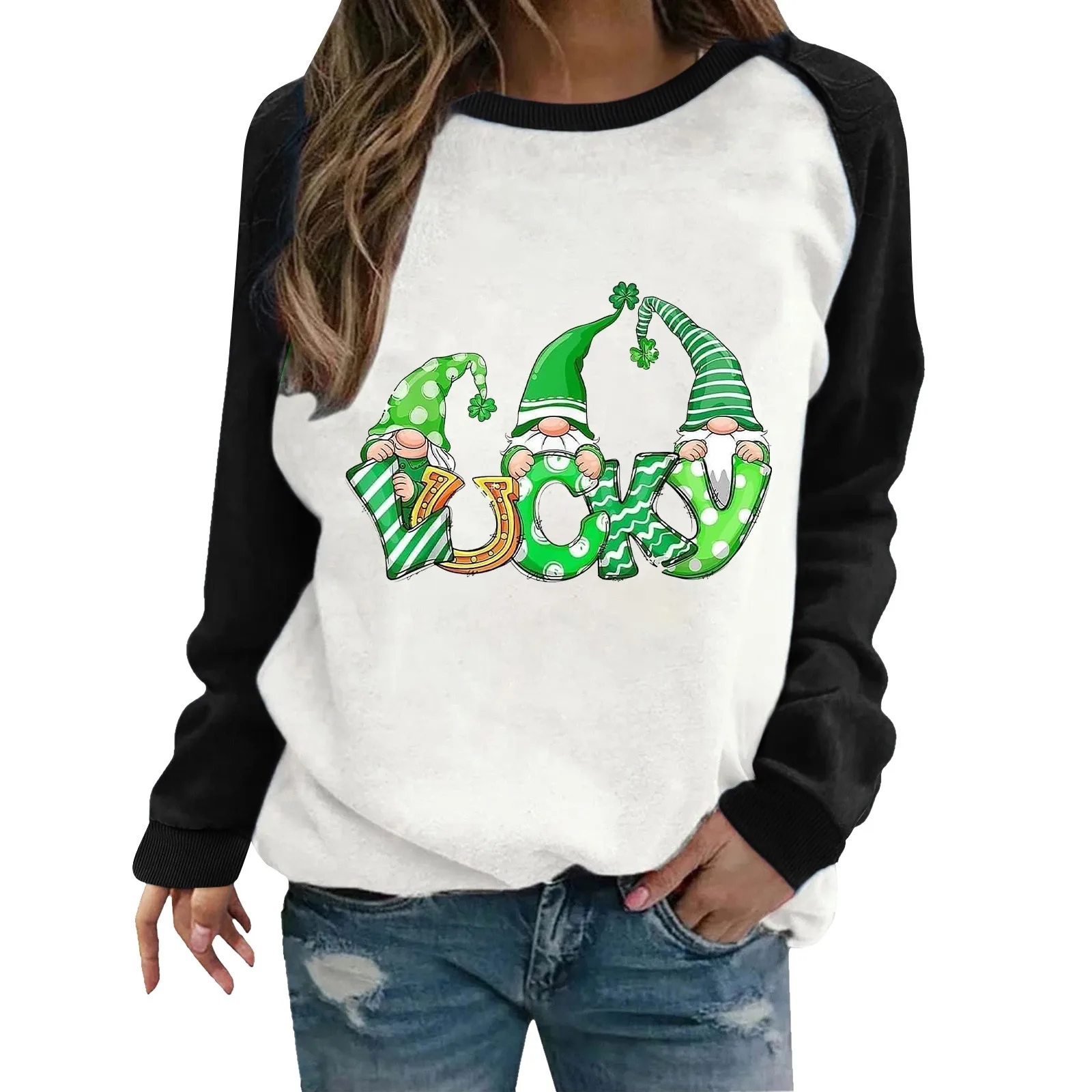 

Crewneck Long Sleeve Casual Wear Pullover Sweatshirts Lucky Letter Printed Sweatshirt For Women Dressy Sweatshirt Women