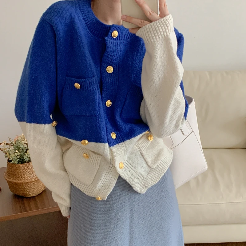 

2022 Korean Chic Contrast-paneled Knitted Cardigans Gold Button Long Sleeve O neck Women's Sweaters Spring Autumn Sweater Tops