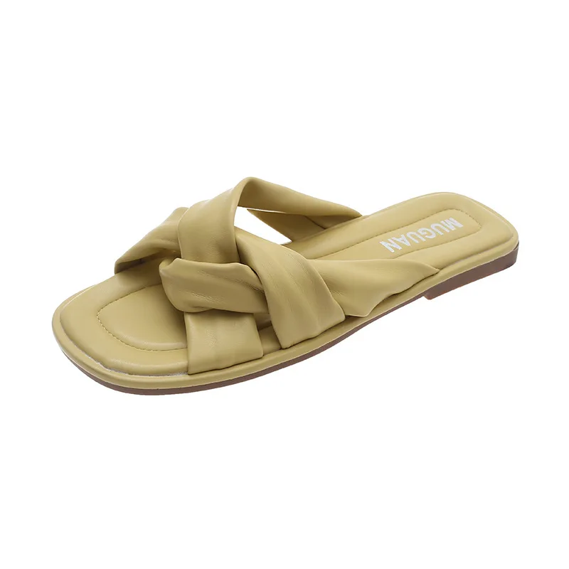 Fashion Ladies Open Toe Sandals 2022 Summer New Outer Wear Beach Slippers Square Root One Word Flat Slippers