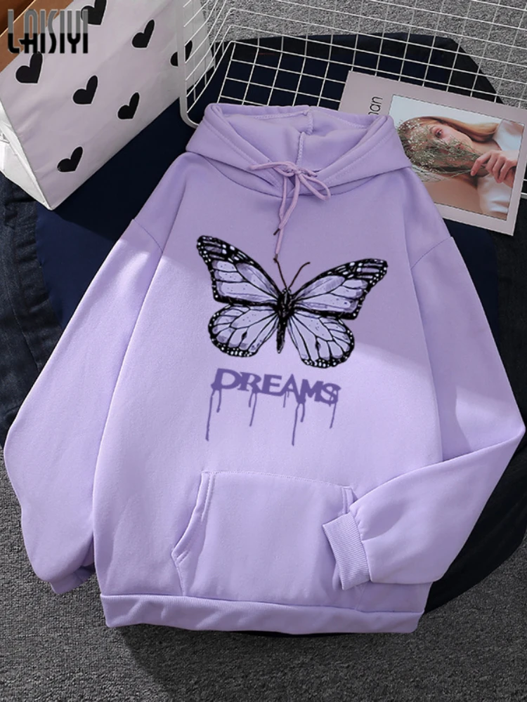 

LAISIYI Purple Hoodies Women Long Sleeve Pullover Polyester Autumn Winter New Printed Loose Hooded Sweatshirts Streetwear Women