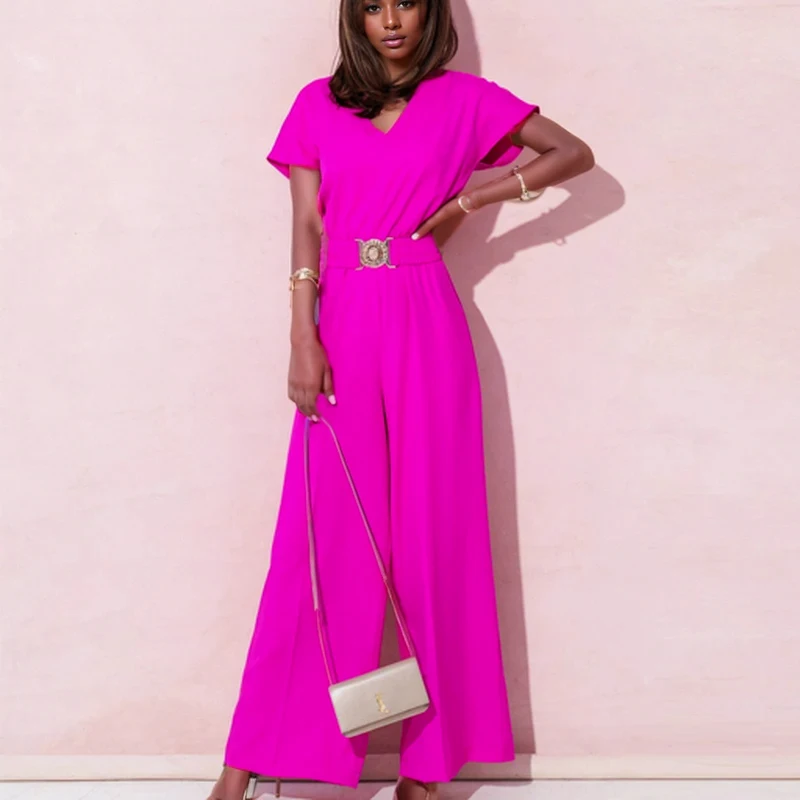 Женский Длинный Комбинезон С Поясом Элегантный Повседневный Красный И Розовый