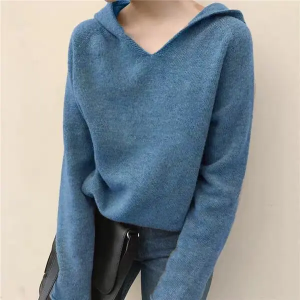 

2022 Autumn Winter Women Cotton Cashmere Knitted Hoodie Sweater Casual Matching Everything Pullover