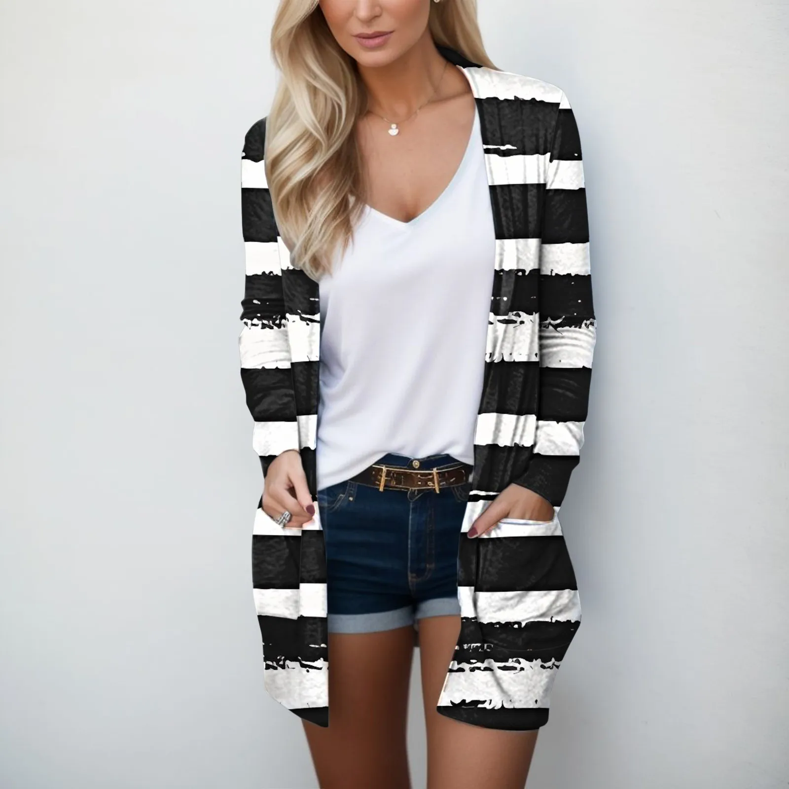 

Женский длинный кардиган в полоску, тонкое однобортное кимоно с карманами и длинными рукавами, верхняя одежда для осени