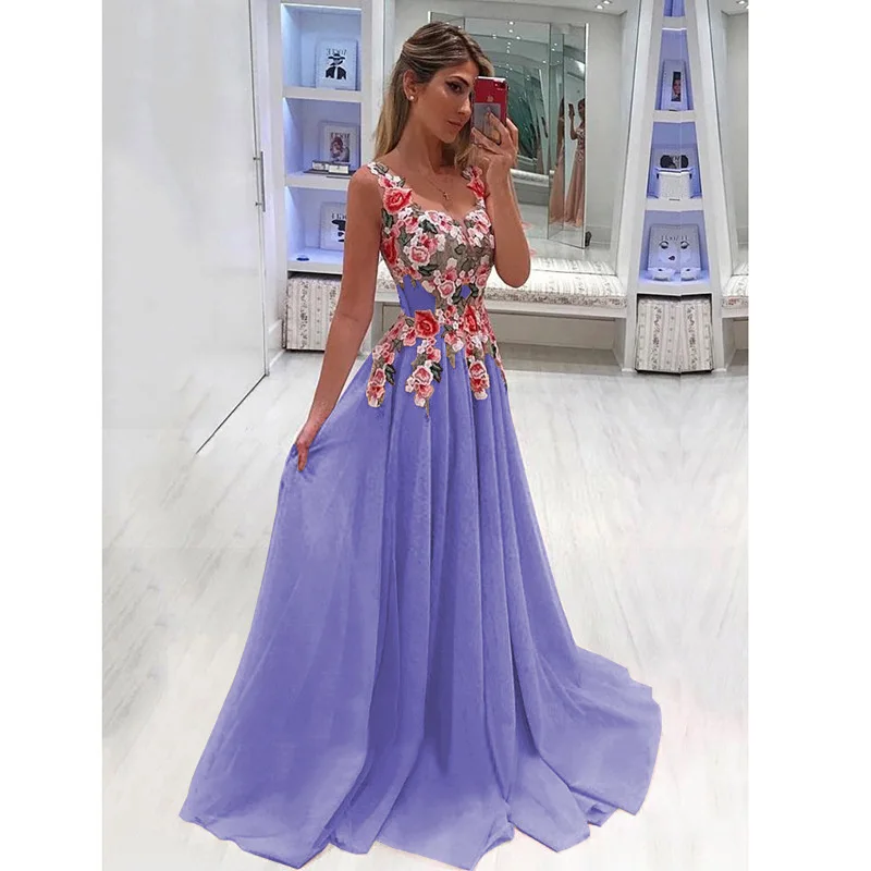 long chiffon floor length party dress ethnic style tank top embroidery Flower Women evening maxi