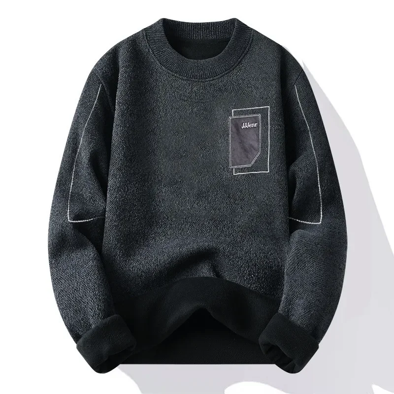 Мужской вязаный свитер из синели цельный флисовый на подкладке теплый базовый