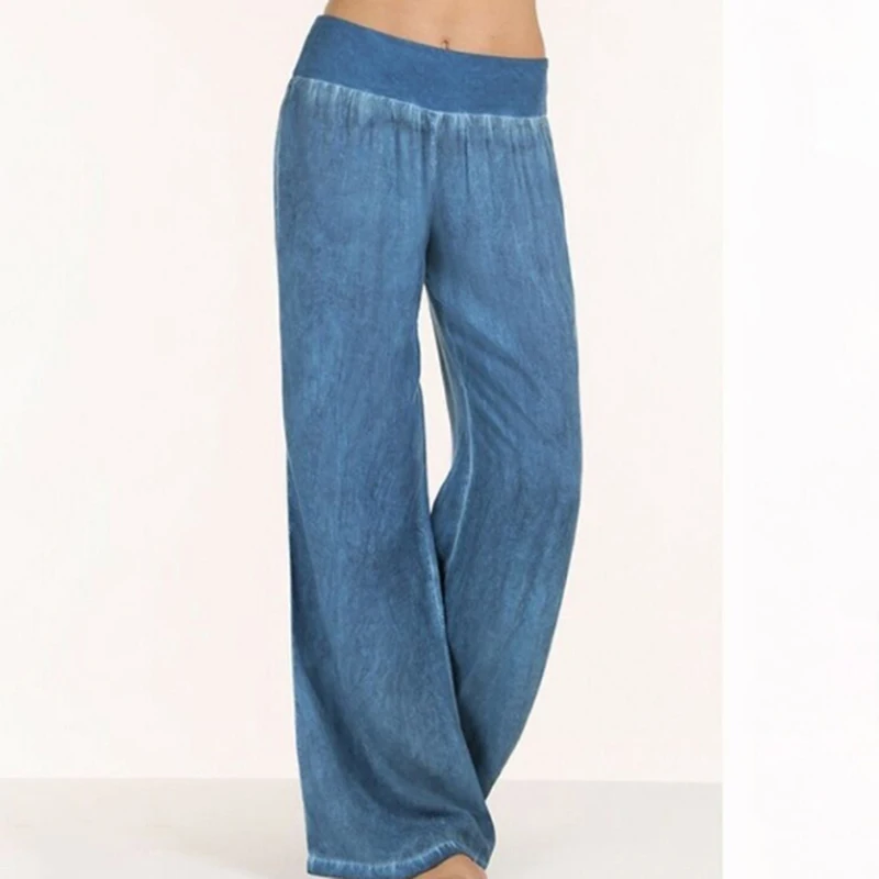 

Повседневные свободные однотонные длинные джинсовые брюки, эластичная талия, средняя талия, плиссированные широкие брюки
