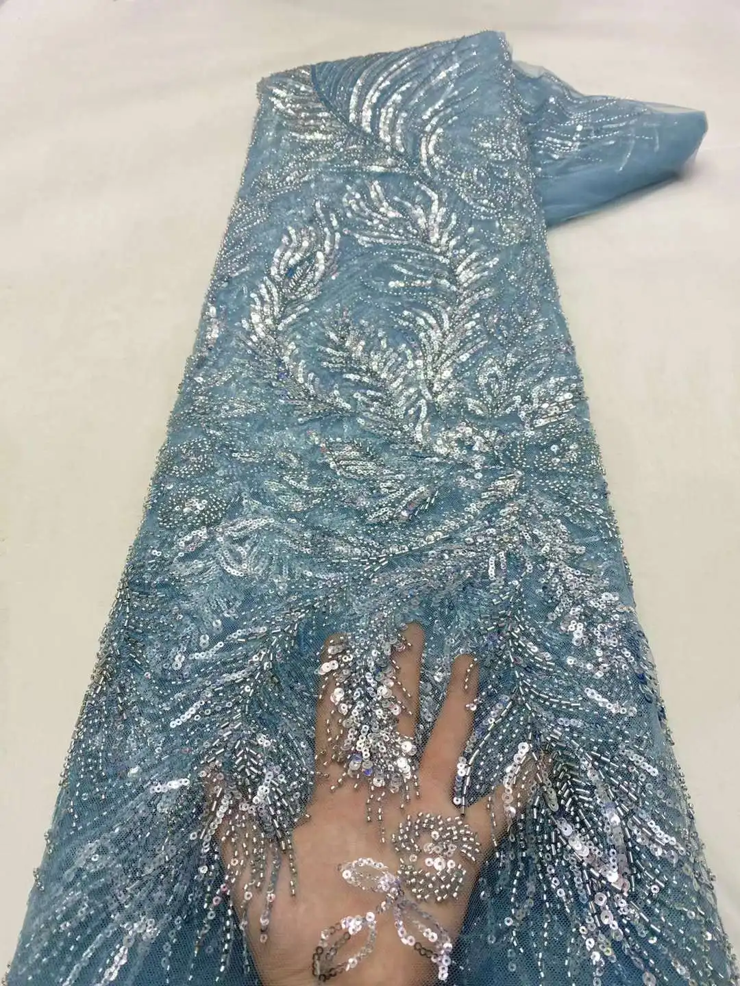 French Heavily Beaded Lace Fabric 2022 Luxury Net Sequence Handmade Beads Lace Fabric For Bridal Dress Material