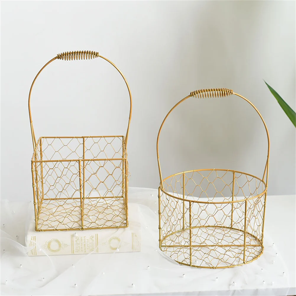 

Gift Flower Basket Gold Iron Hand Portable Flower Basket Hand Gift Blue Round Bouquet Packaging Basket Party Home Decor