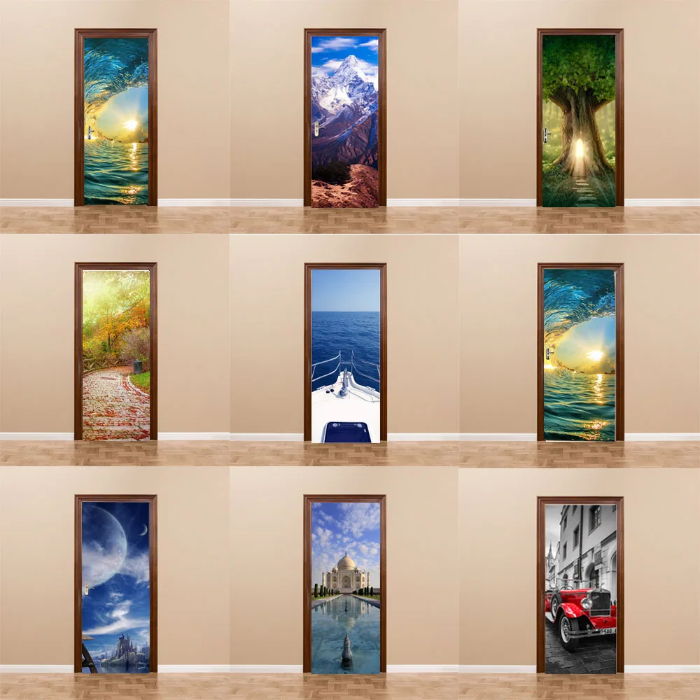 

Nature Landscape Door Sticker Forest Beach Castle 3D Vinyl Detachable Door Deco Sticker Wallpaper