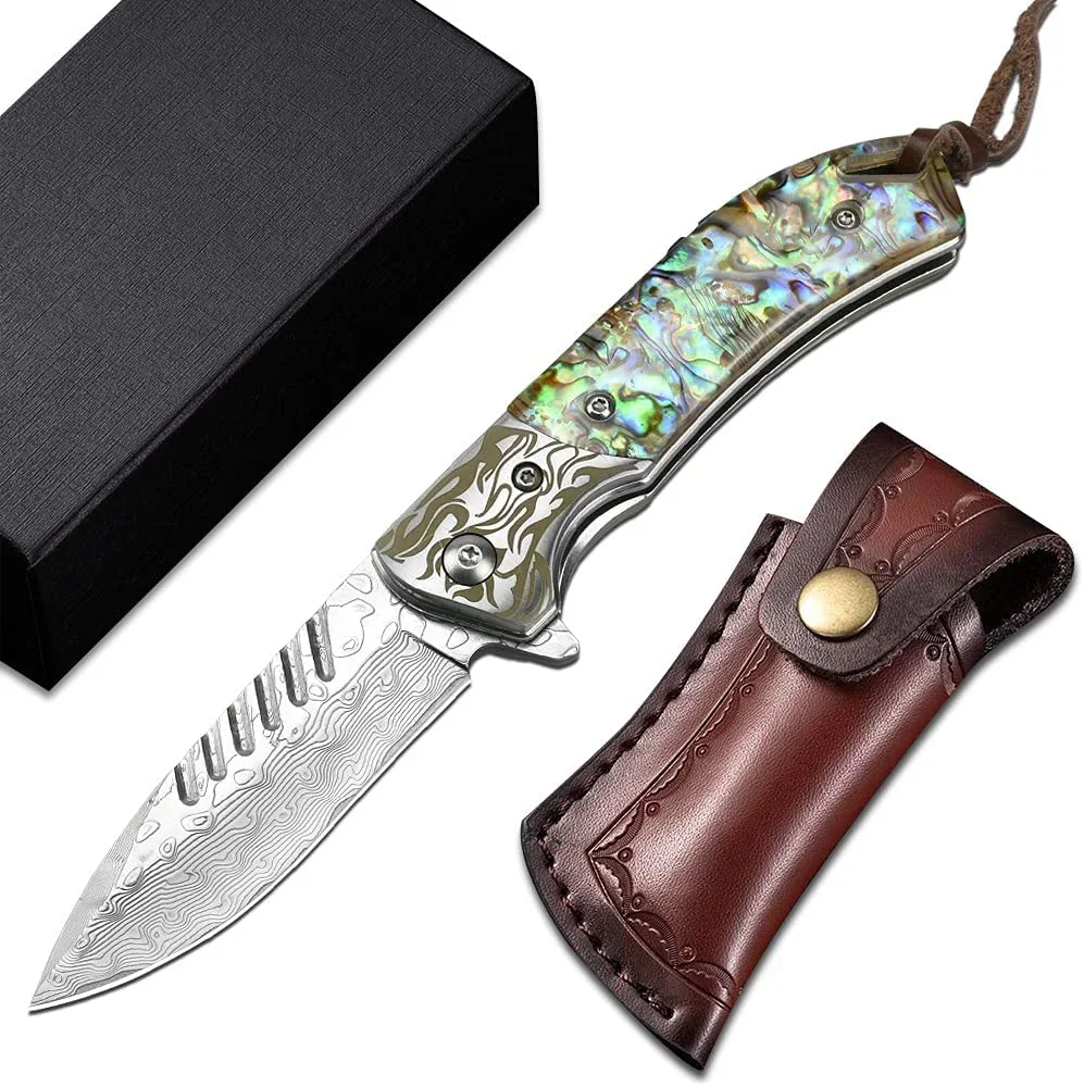 

Top End Handmade 167 Layers Damascus Steel VG10 Blade Abalone Shell Rose Wood Handle Folding Survival Knife With Leather Sheath
