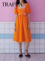 traf za sweet cute women solid color orange dress raglan puff sleeves square neck tube top slim cutout sexy midi dress street