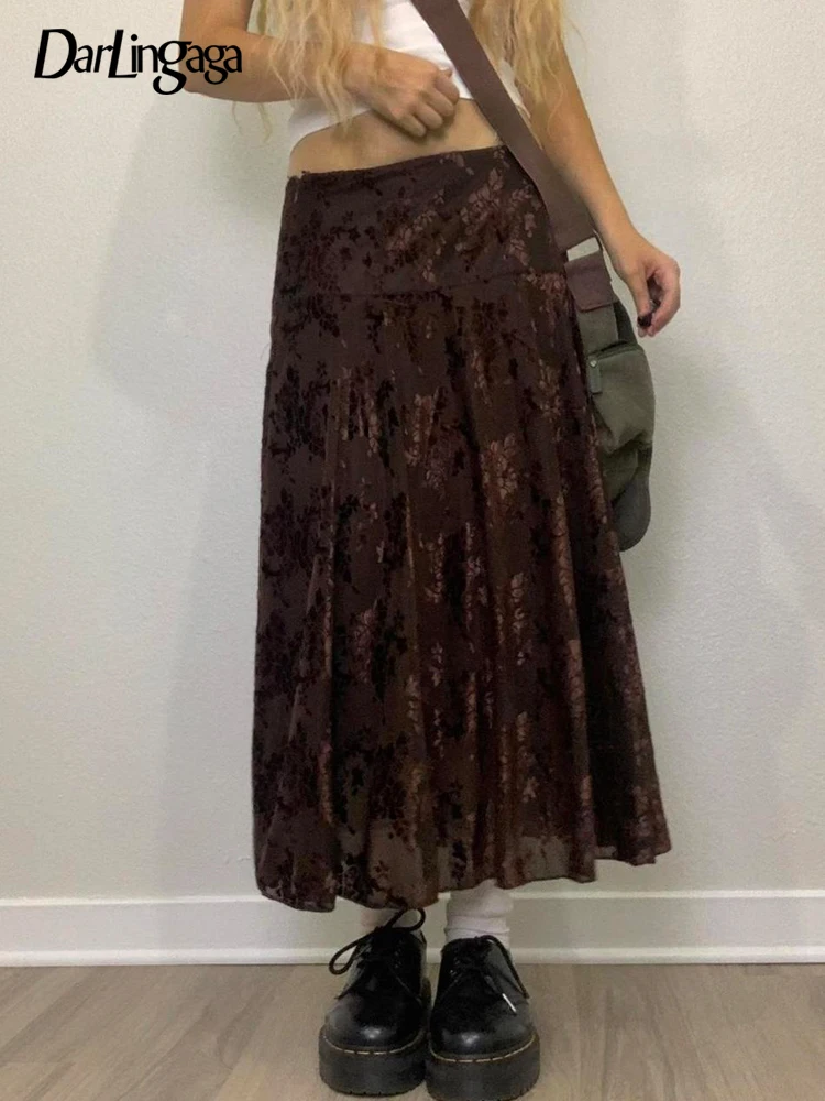 

Darlingaga Y2K Aesthetic Vintage Brown Low Waist Mesh Skirt Long Graphic Printing 90s Chic Fairycore Grunge Maxi Skirts Female