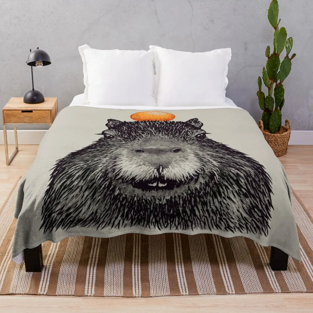 

CapybaraOrange | Capy Yuzu | Capybara with Orange on Head | His Name - Gort | Portrait Throw Blanket Luxury Brand Blanket
