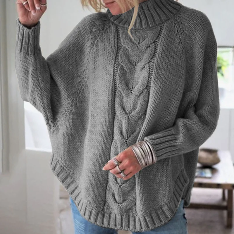 

Solid Pollover Poncho Sweater Women Turtleneck Batwing Sleeve Knitted Cloak Sweater Grey Korean Fashion Winter Loose Knitwear