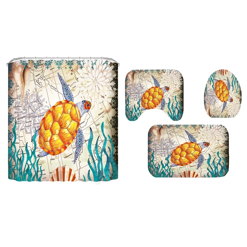 

Sea Turtle Bathroom Sets with Shower Curtain and Rugs and Accessories, Ocean Nautical Shower Curtain with 12 Hooks