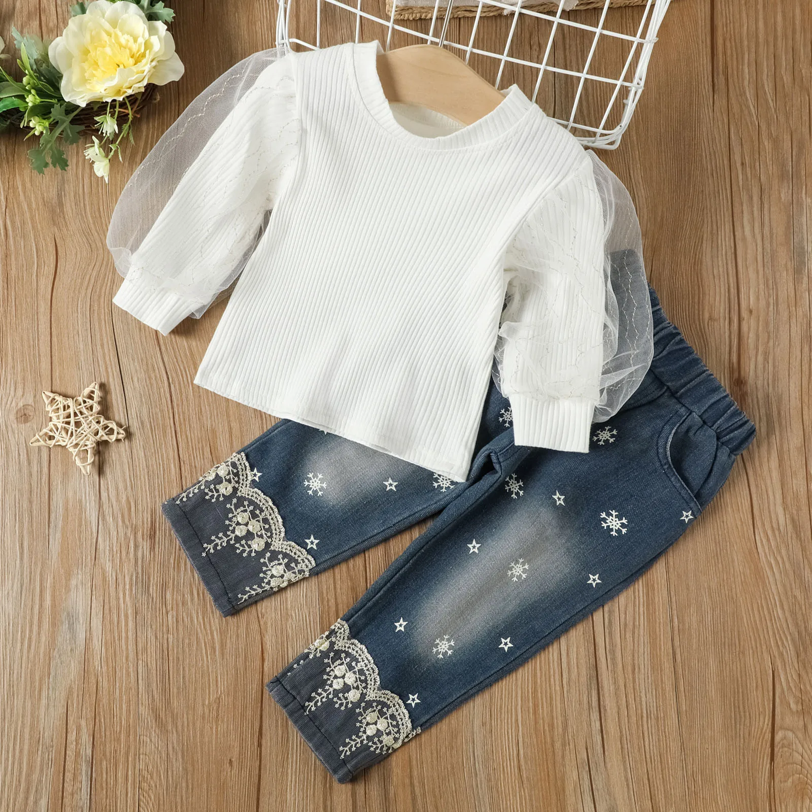 

Posh Blanket Toddler Kids Baby Girls Puff Sleeve Lace Ribbed T Shirt Tops Denim Jeans Long Pants Bohemian Infant Girl Clothes