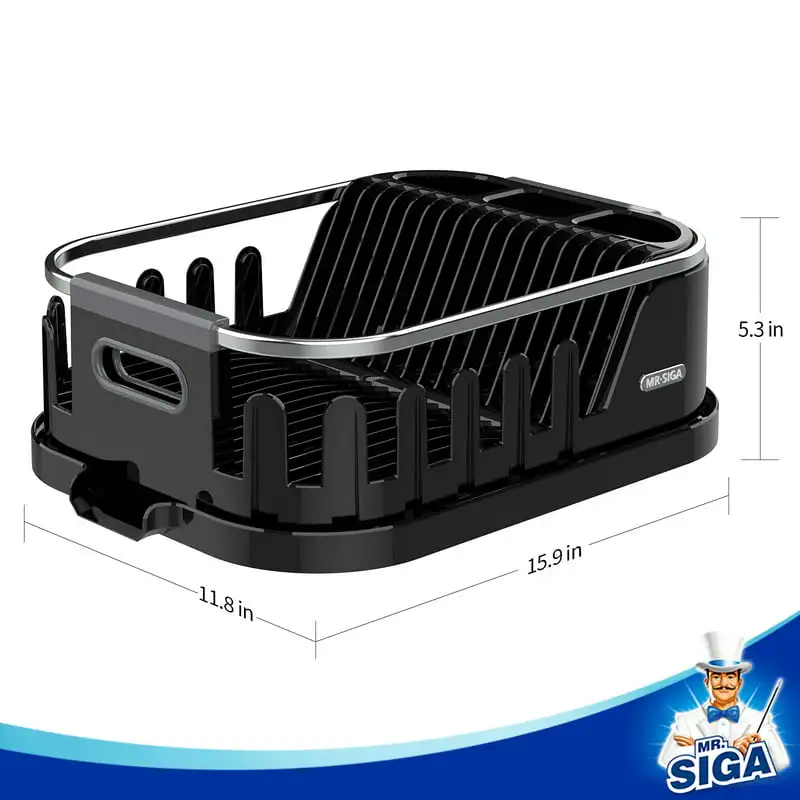 

Drying Rack for Kitchen Counter, Compact Dish Drainer with Drainboard, Utensil Holder and Cup Rack, Black
