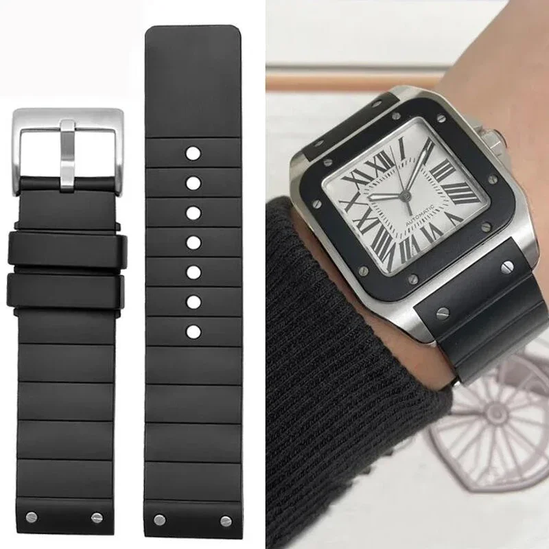 Фото Высококачественный ремешок для часов Cartier Santos 100, резиновый черный ремешок для часов, мужские и женские силиконовые аксессуары, браслет 23 мм №1