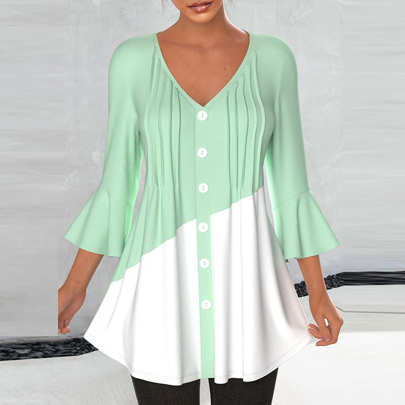 

Women's Sexy V-Neck Shirt New Style Female Flare Sleeves Tops Seven Sleeve Causal Patchwork Contrast Color Ladies Shirt