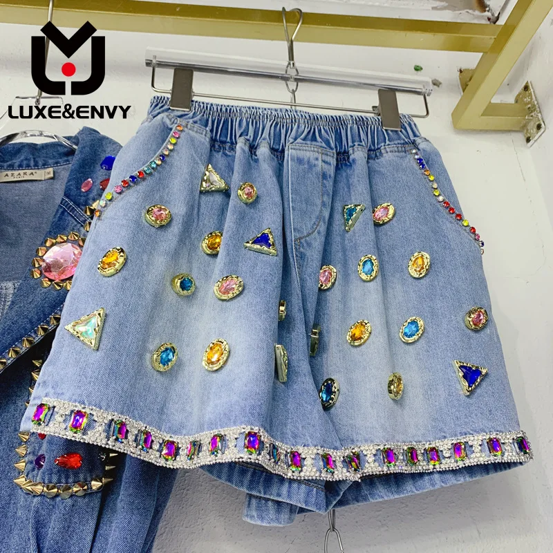 

LUXE&ENVY European Heavy Industry Colorful Diamond Studded Beads High Waist Loose Slim Denim Wide Leg Shorts 2023 Summer
