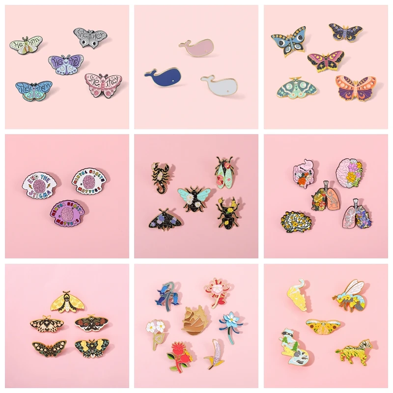 5Pcs/Set Fun Insect Plant Enamel Pins Butterfly Flower Heart Brain Whale Mushroom Brooches Accessories Lapel Badge Amazing Price images - 6