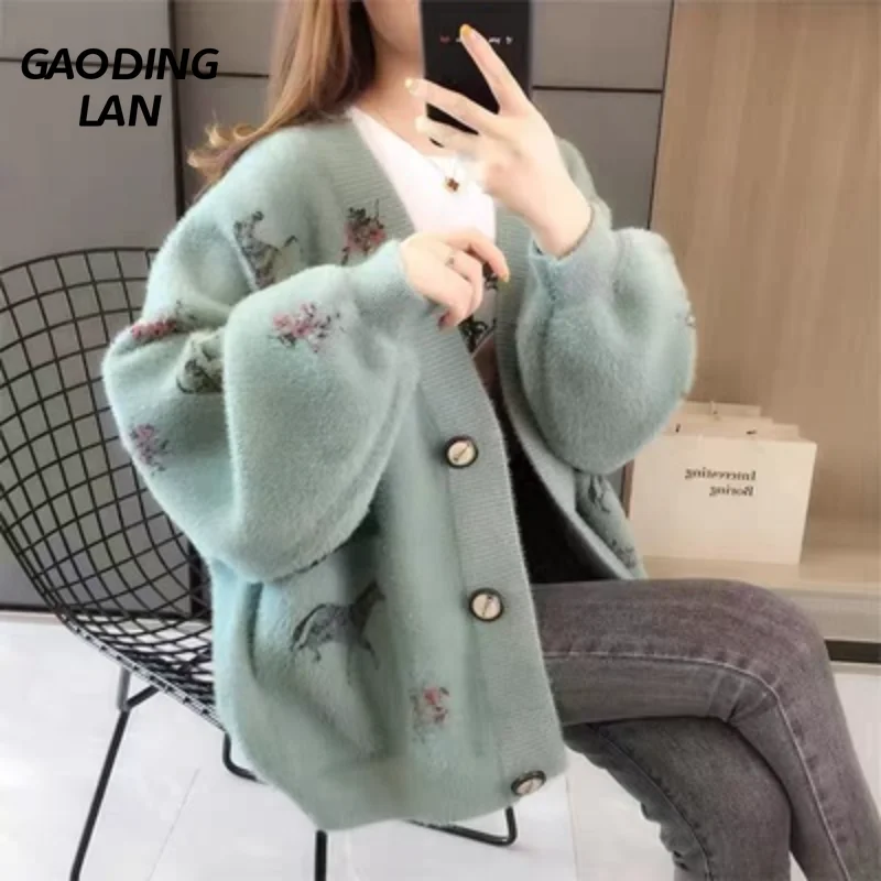 

GAODINGLAN Large Size Thick Warm Women Long Sleeve Sweater Winter Lazy Out Wear Waterproof Mink Senior Knitted Cardigan Coat