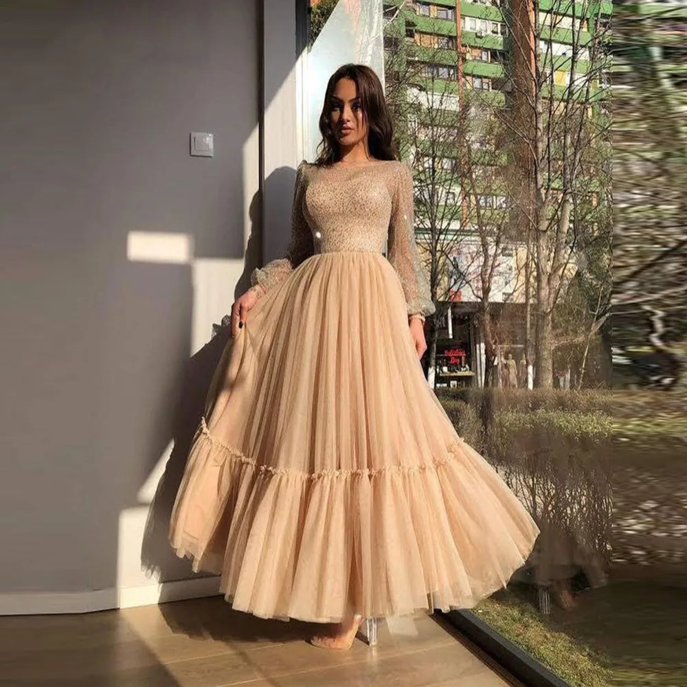 

Champagne A Line Tulle Prom Dresses Sparkly Long Sleeves Beading Sheer Scoop Neck Ankle Length Formal Evening Party Gowns
