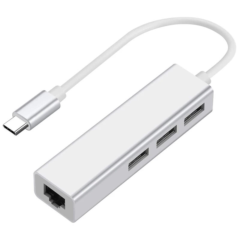 

USB-C To Ethernet Adapter With 3 USB Port, Type C Hub With RJ45 Ethernet Network Multiport 4-In-1 (A, Silver)