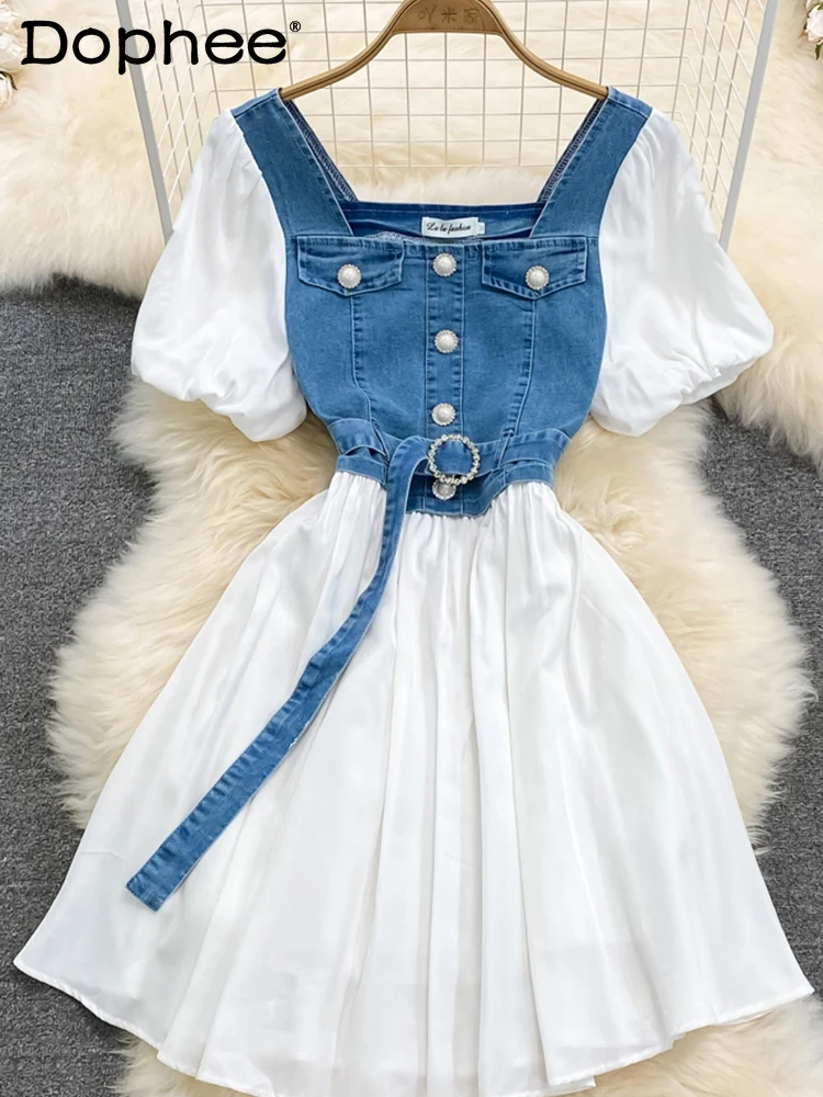 

Women Square Neck Puff Short Sleeve Fake Two-piece Denim Stitched Waist Slim A-line Dress Temperament Summer 2022
