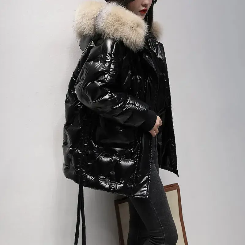 2023 Winter 90% White Duck Down Jacket Hooded Natural Fox Fur Collar Shiny Women's Down Jacket Warm Female Short Parka