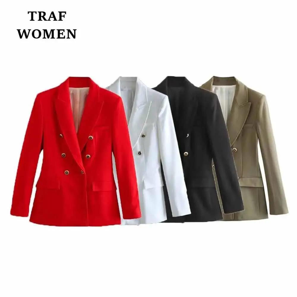 

TRAF WOMEN 2023 Spring New Double-breasted Decoration Slim Blazer Office Flip Pocket Solid Color Elegant Female Suit Jackets
