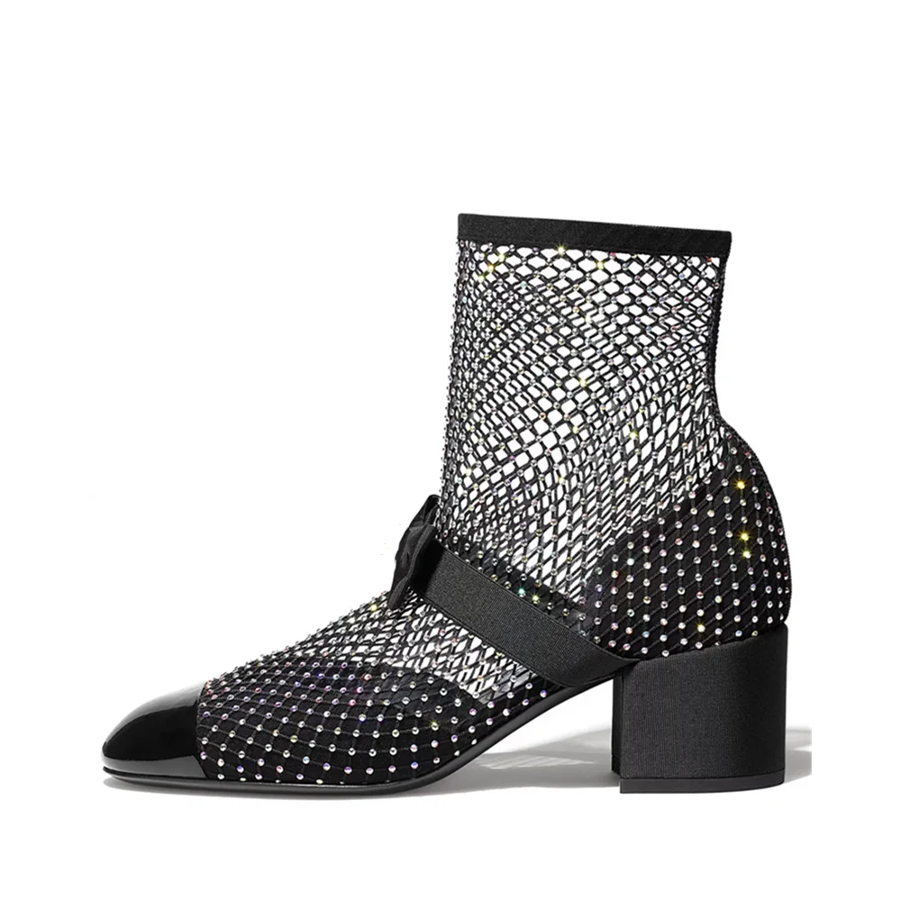 New Women Summer Ankle Boots Women's Leather Mesh Booties Fashion Full Drill Sexy Round Toe Band Bowknot High Heels Big Size 43
