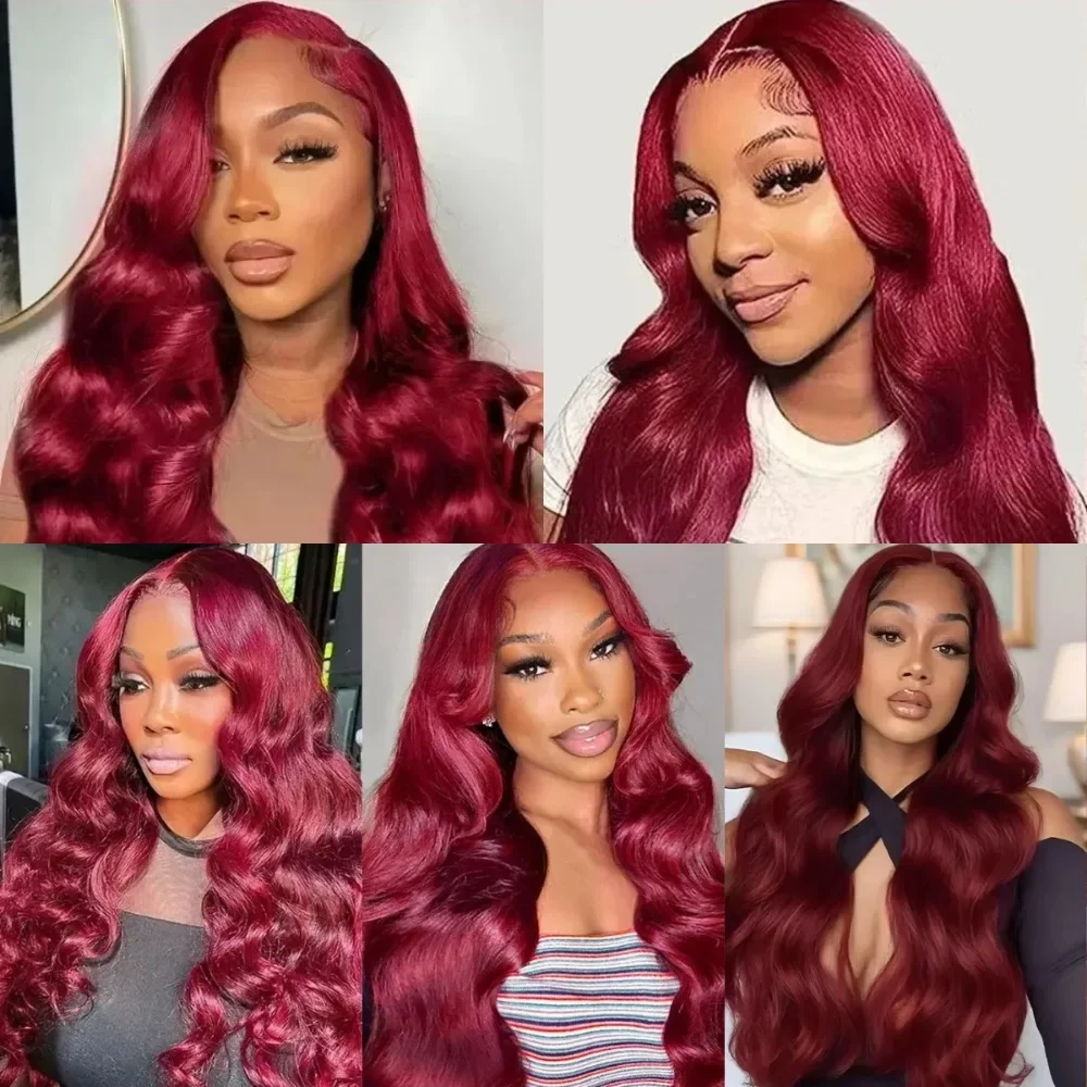 99J Бордовый парик из натуральных волос на кружеве объемная волна красные цветные