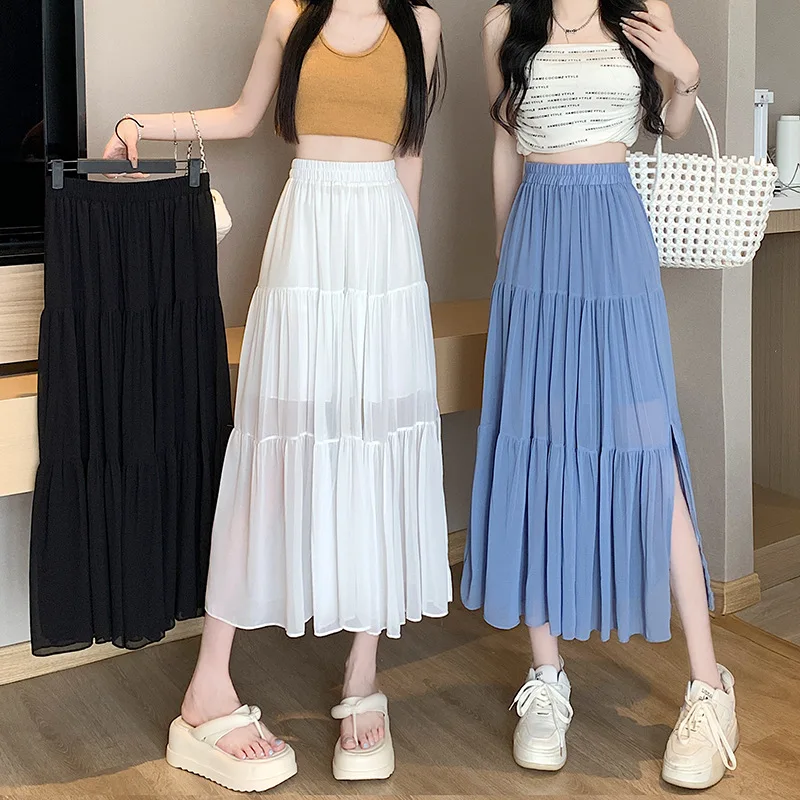 

Дизайнерская шифоновая юбка с прострочкой, новая плиссированная юбка с разрезом, элегантная юбка миди с большим подолом и зонтиком