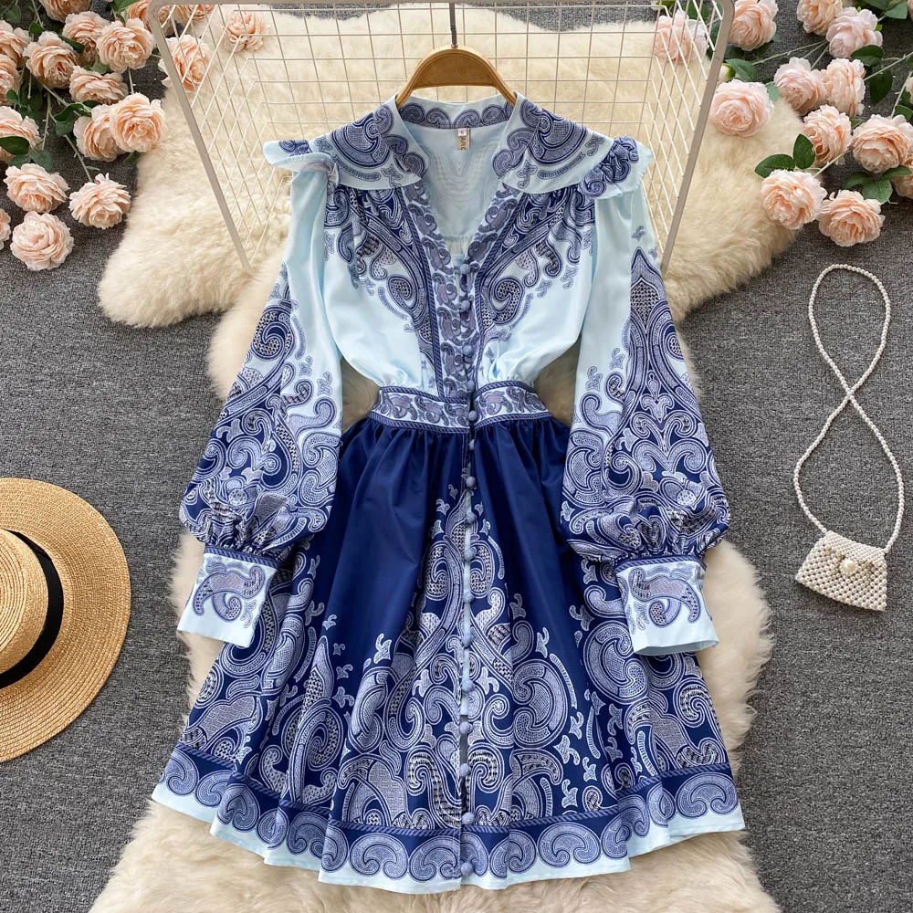 

2022 Spring Autumn Women New Fashion Korean V Neck Long Sleeve Floral Print Dress Holiday Elegant Single Breasted Vestidos E802
