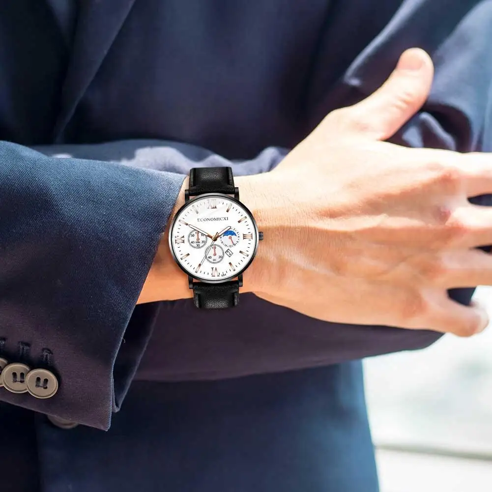 

Fashion Men Business Watches PU Leather Casual Roman Numerals Luminous Circular Dial Analog Quartz Wristwatch Jewelry Gift
