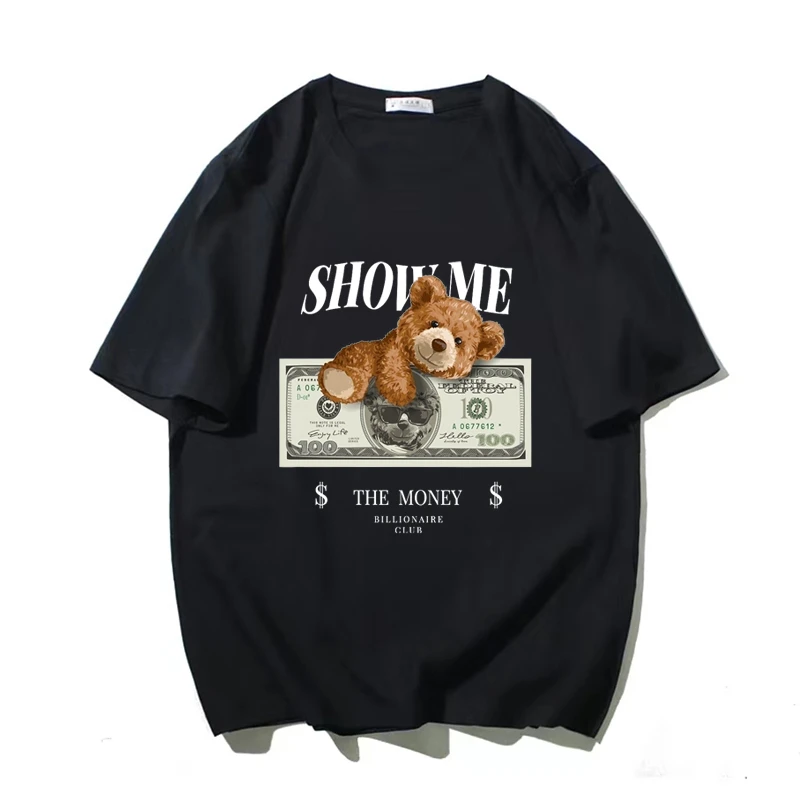 

Man T Shirt High Quality Cotton Cartoon Bear Print Short Sleeve Top Free Shipiing Women Men Clothing Fashion Oversized Tee Black