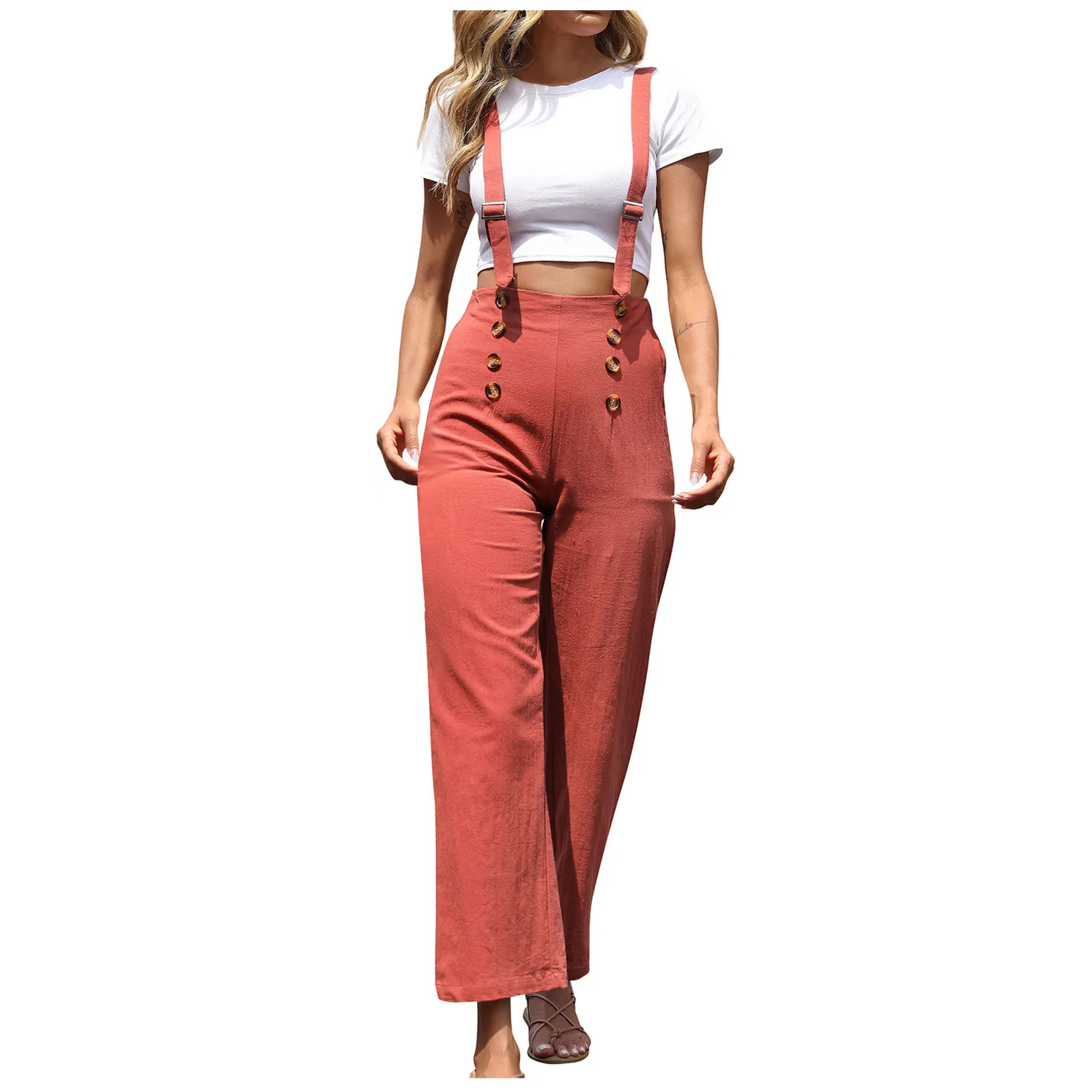 

Women'S Solid Color Loose Straight Tube Casual Button Back Strap Cropped Pants Woman Clothing Pants For Women Cargo Pants штани
