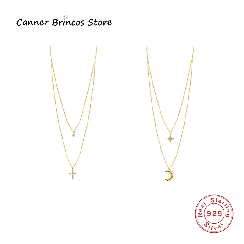 

CANNER 1 Piece S925 Sterling Silver Necklace INS Double Layered Octagonal Star Diamond Moon Cross Clavicle Necklaces For Women
