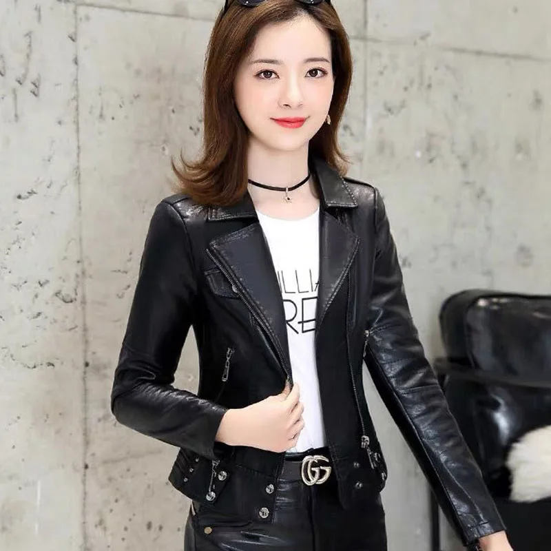 Women's Short Small Jackets Coat 2023 Spring Fashion PU Leather Faux Fur Zipper Splicing Black Ladies Skinny Locomotive Coats