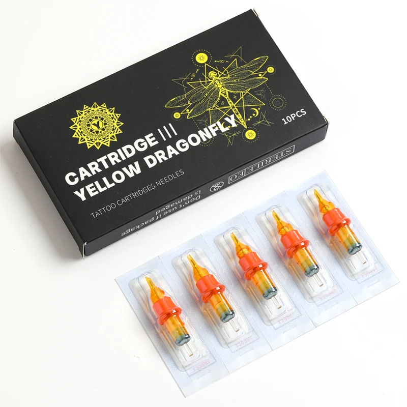 

New Yellow Cartridge Tattoo Needles with Silicone Cover Wrap RL RM RS M1 #12 0.35MM Taper 10pcs